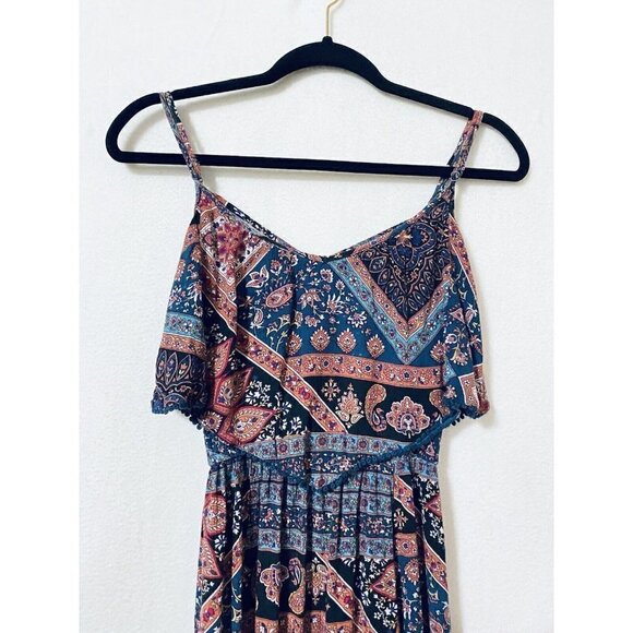 American Eagle Womens XS Boho Maxi Dress Ruffle Front Crochet Trim Front Slits - Picture 3 of 8